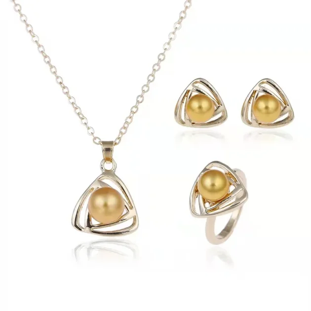 Triangular Pearl Necklace Set – Fashion Hollow-Out Necklace, Stud Earrings & Ring Jewelry Set for Women - Image 2