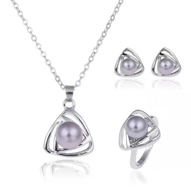 Triangular Pearl Necklace Set – Fashion Hollow-Out Necklace, Stud Earrings & Ring Jewelry Set for Women - Image 3