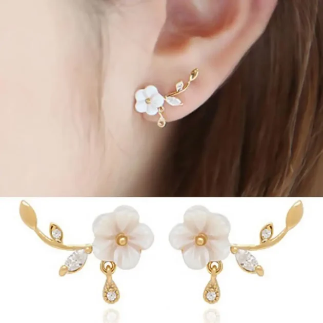Flower Stud Earrings – Elegant Leaf Design with Rhinestone Inlay, Romantic Alloy Ear Studs for Women, Daily Wear Jewelry - Image 3
