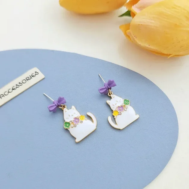 Cat Bow Earrings for Women – Cute Enamel White Cat with Purple Bow & Flower Design, Original Gift Jewelry for Girls - Image 6