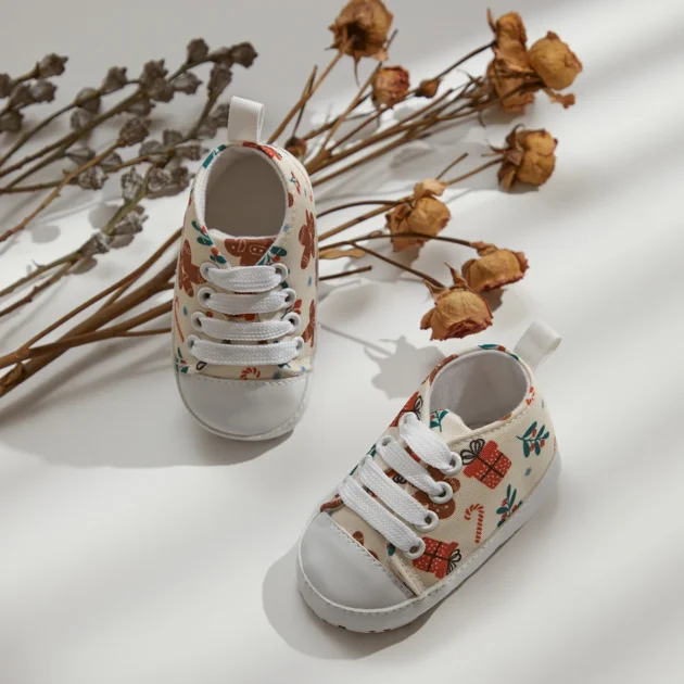 Cute Baby Trainers Toddler Girls Casual Canvas Shoes with Gingerbread & Flower Print, Non-Slip Walking Flats - Image 2