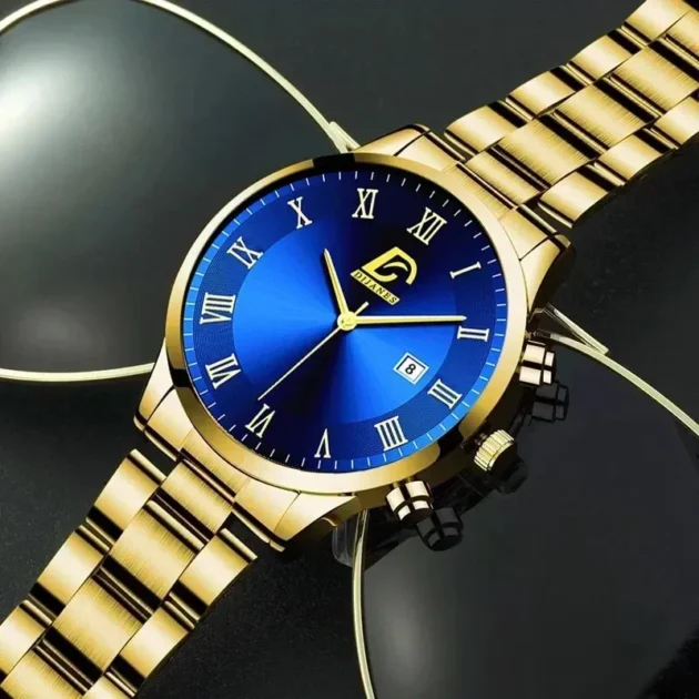 Luxury Military Quartz Watch for Men – Stainless Steel Gold Black Calendar Date Watch - Image 5