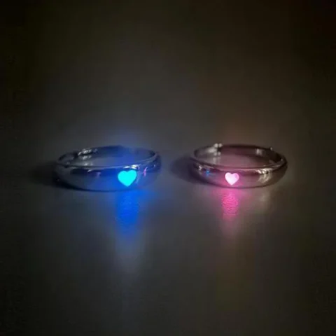 Glow in the Dark Rings – Blue Heart Luminous Adjustable Couple Ring, Fluorescent Jewelry Gift for Women & Men