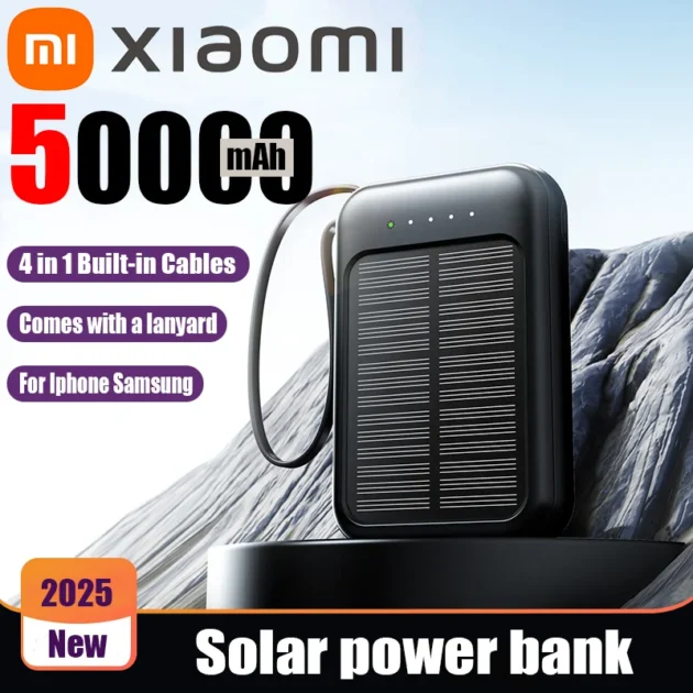Xiaomi 50000mAh Solar Power Bank – 4-in-1 Built-in Cables with LED Lights for Huawei, Xiaomi, Samsung, and Apple
