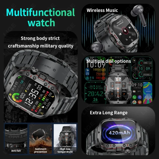 HD Screen Smartwatch for Men – LIGE 1.96" with Bluetooth Call, Heart Rate Monitor, SOS, and Waterproof Sports Features - Image 6