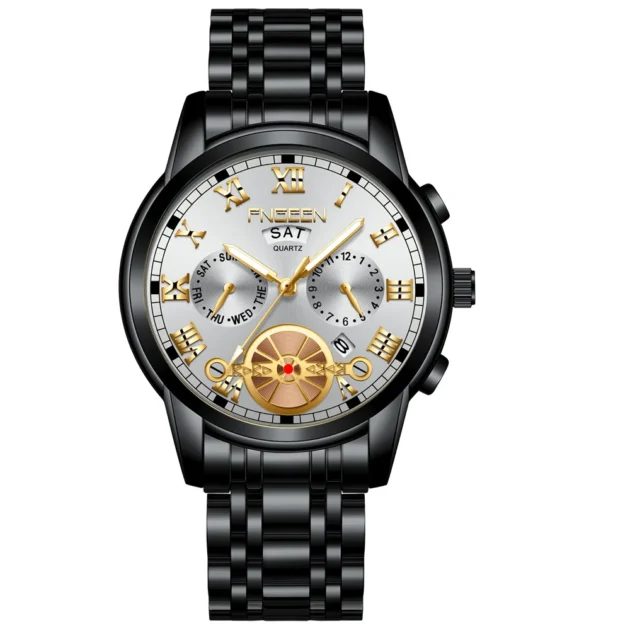 Fashionable Black Quartz Watch for Men – Steel Belt and Diamond Flywheel Design - Image 3