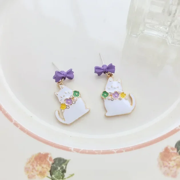 Cat Bow Earrings for Women – Cute Enamel White Cat with Purple Bow & Flower Design, Original Gift Jewelry for Girls - Image 2