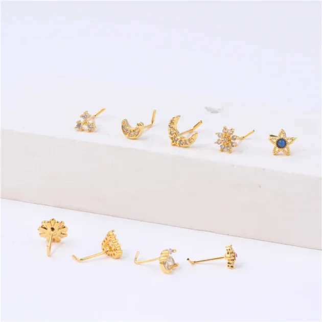 18K Gold L Shape Nose Studs – CZ Flower, Star & Eye Pin Rings for Girls & Women 20G - Image 4
