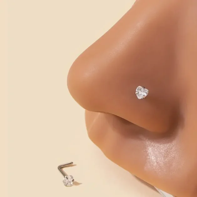 L-Shape Nose Stud for Women – Shiny Zircon Heart Design in Stainless Steel - Image 2