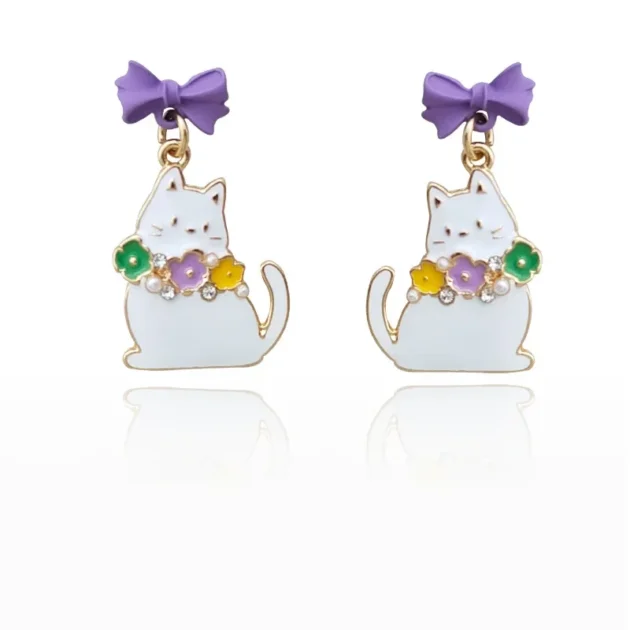 Cat Bow Earrings for Women – Cute Enamel White Cat with Purple Bow & Flower Design, Original Gift Jewelry for Girls - Image 4