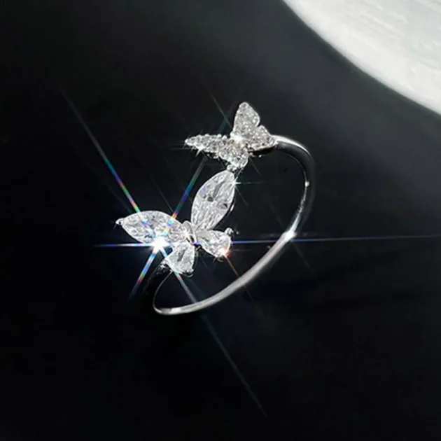 Butterfly Rings for Women – Luxury Silver Color Zircon Ring, Adjustable Statement Jewelry for Party or Wedding
