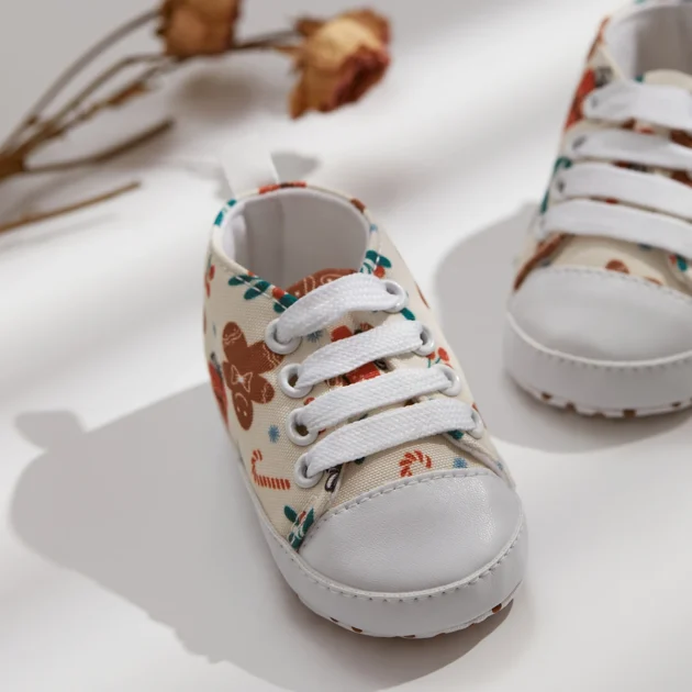 Cute Baby Trainers Toddler Girls Casual Canvas Shoes with Gingerbread & Flower Print, Non-Slip Walking Flats - Image 3