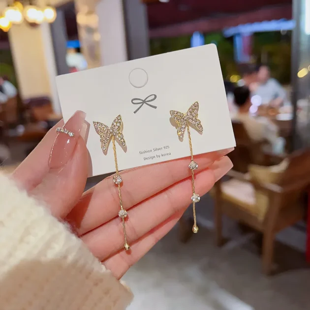 Korean Tassel Drop Earrings for Women – Crystal Butterfly Design, Imitation Pearl & Rhinestone Jewelry Gift for Fashion Lovers - Image 6