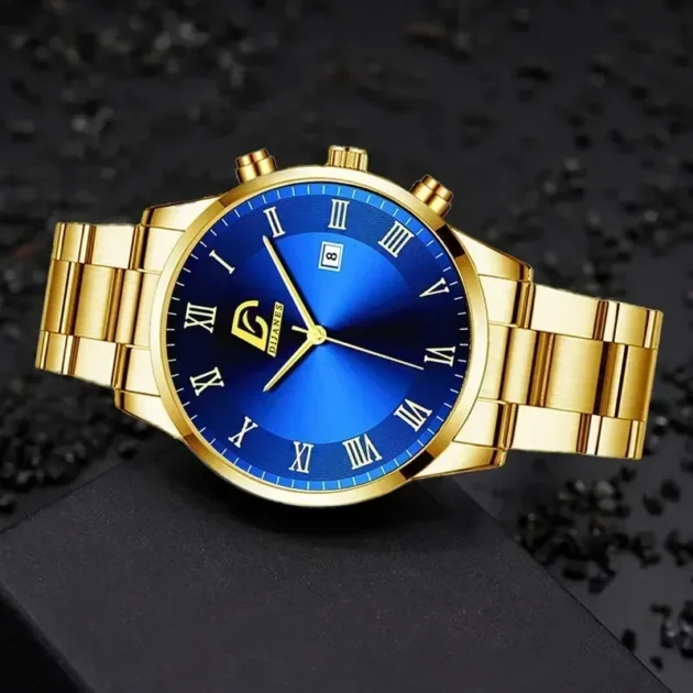 Luxury Military Quartz Watch for Men – Stainless Steel Gold Black Calendar Date Watch - Image 3