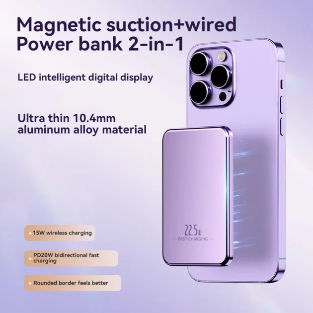 Fast Charging Wireless Power Bank – Lenovo Ultra Thin Magnetic 10000mAh Power Bank for iPhone, 22.5W Magsafe Portable Fast Charger - Image 2