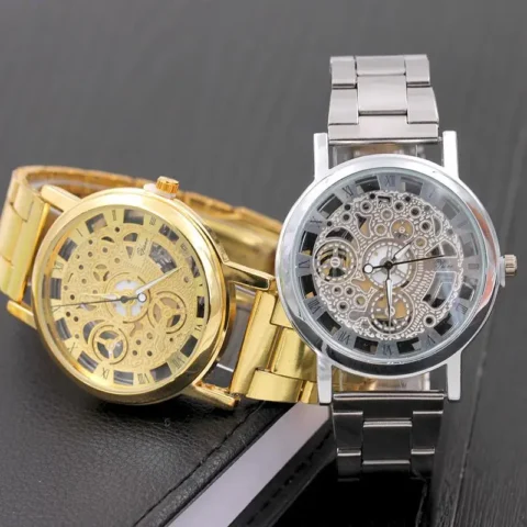 Skeleton Watch for Man – Quartz Steel Band Wristwatch Gift