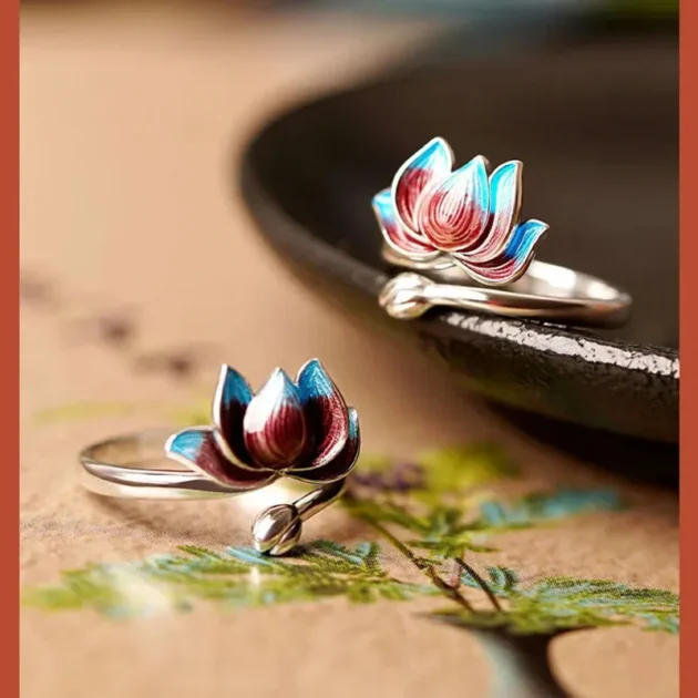 Vintage Rings for Women – Sterling Silver Lotus Ring, Adjustable Niche Design for Index or Middle Finger - Image 5