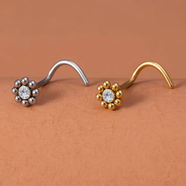 Stainless Steel Nose Rings for Men & Women – 20G Beads Screw Design in Silvery Gold - Image 2