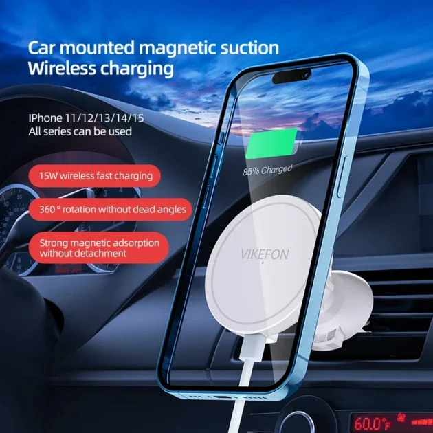 VIKEFON 30W Magnetic Car Wireless Charger – Fast Charging Air Vent Phone Holder for iPhone 12, 13, 14, 15 Pro Max - Image 4