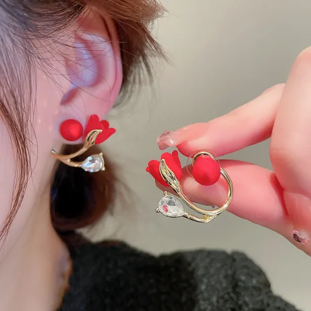 Rhinestone Stud Earrings for Women – Red Rose, Butterfly & Angel Wings Design, Pearl Flower Wedding Jewelry, Bridal Engagement Earrings - Image 2
