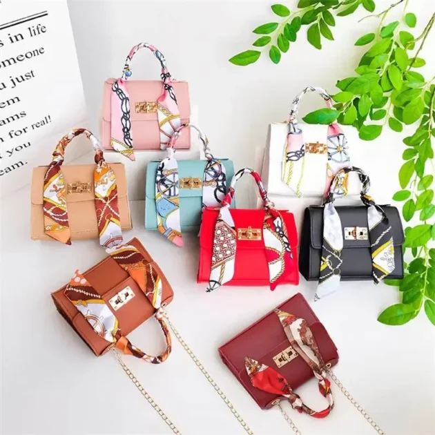 2025 Women’s Mini Crossbody Bag – Solid Color Handbag with Silk Scarf & Chain Accent - Image 2