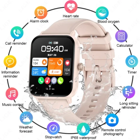 Stay fit and connected with this waterproof fitness smartwatch, featuring a 1.83" HD screen, Bluetooth call function, and IP68 waterproof design for women.