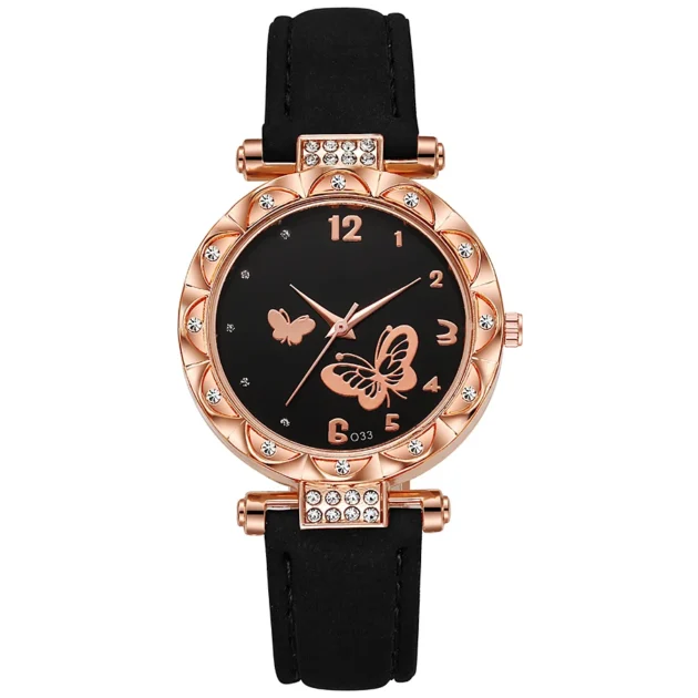Butterfly Leather Strap Watch