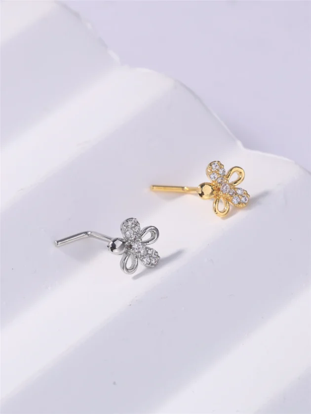 Gold Flower Nose Ring – 20G L Shaped CZ Nose Stud for Women and Girls - Image 4