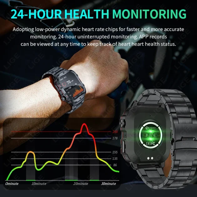 HD Screen Smartwatch for Men – LIGE 1.96" with Bluetooth Call, Heart Rate Monitor, SOS, and Waterproof Sports Features - Image 3