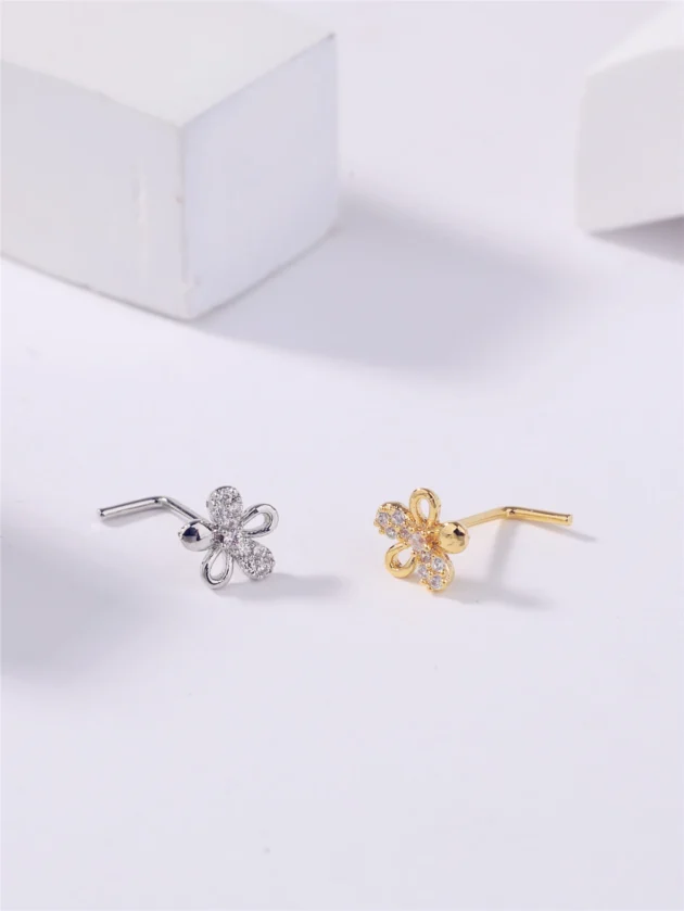 Gold Flower Nose Ring – 20G L Shaped CZ Nose Stud for Women and Girls - Image 6
