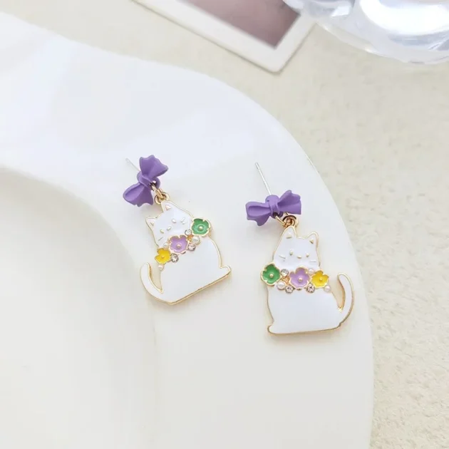 Cat Bow Earrings for Women – Cute Enamel White Cat with Purple Bow & Flower Design, Original Gift Jewelry for Girls - Image 5
