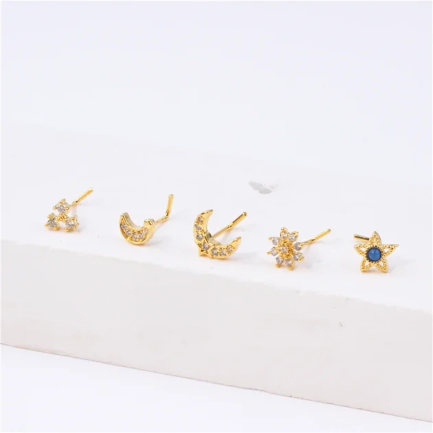 18K Gold L Shape Nose Studs – CZ Flower, Star & Eye Pin Rings for Girls & Women 20G - Image 5