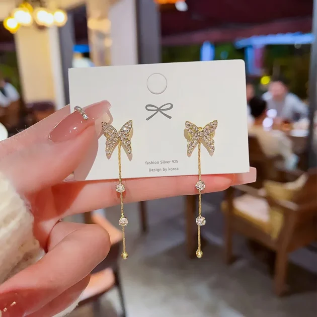 Korean Tassel Drop Earrings for Women – Crystal Butterfly Design, Imitation Pearl & Rhinestone Jewelry Gift for Fashion Lovers - Image 4