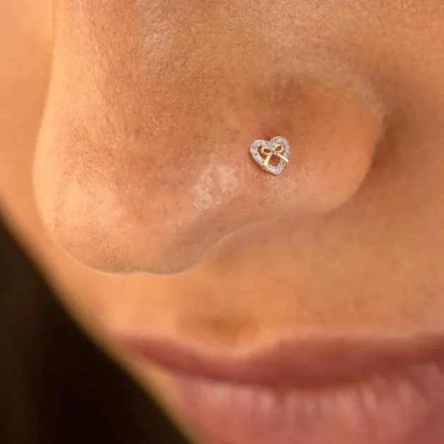20G L Shaped Nose Piercing – Cute CZ Bow & Heart Stud for Women and Girls - Image 2