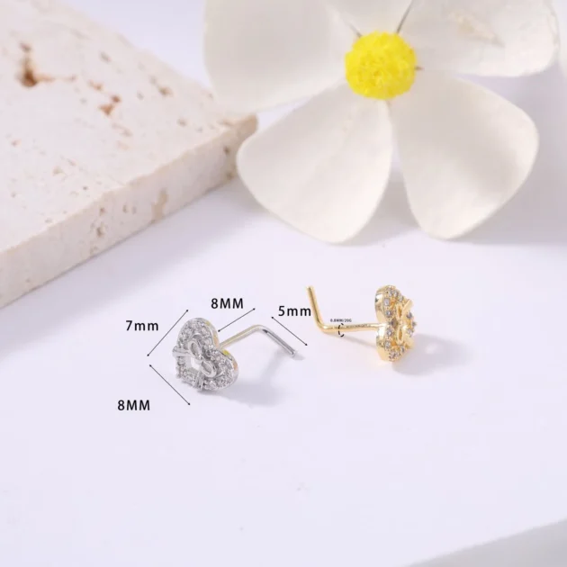 20G L Shaped Nose Piercing – Cute CZ Bow & Heart Stud for Women and Girls - Image 3