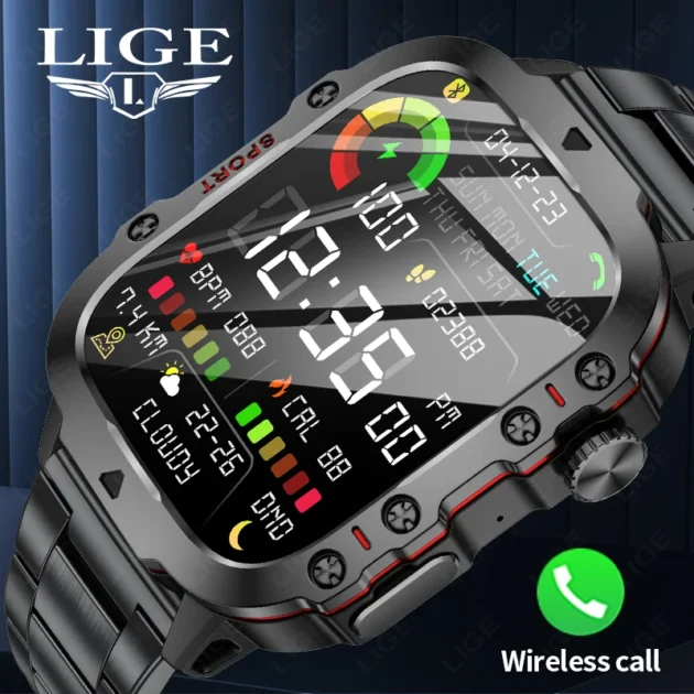 HD Screen Smartwatch for Men – LIGE 1.96" with Bluetooth Call, Heart Rate Monitor, SOS, and Waterproof Sports Features