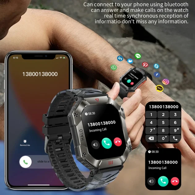 Military Smart Watch for Android – Men’s Fitness Tracker with Bluetooth Call, IP68 Waterproof, Health Monitor & AI Voice - Image 2